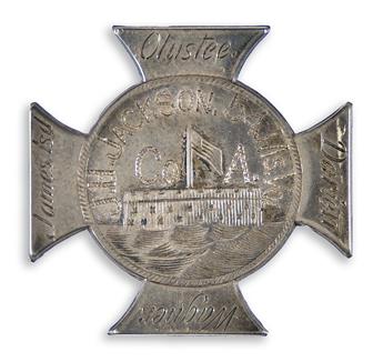 (MILITARY--CIVIL WAR.) Badge issued to a private in the Glory regiment, the 54th Massachusetts, who was wounded at Fort Wagner.